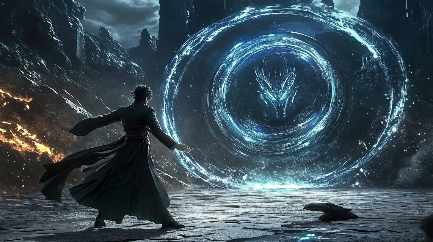 A figure facing a vast blue fracture
